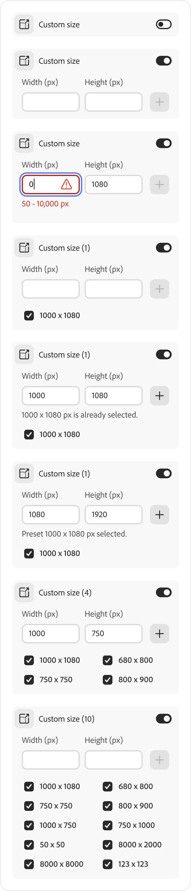 Custom sizes widget
