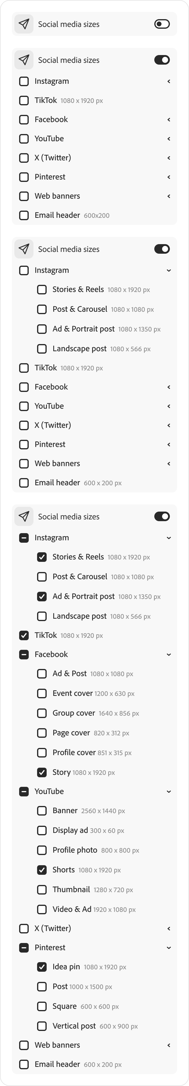 Social media size presets widget