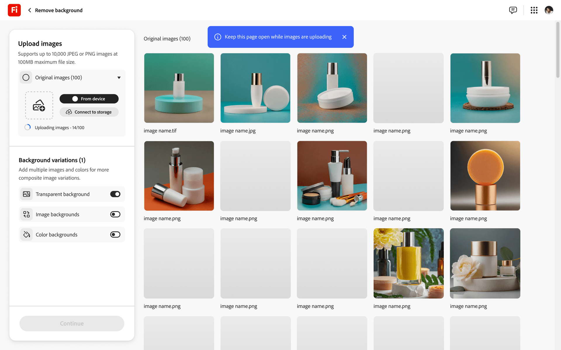 Grid of product photos processing with per-asset progress