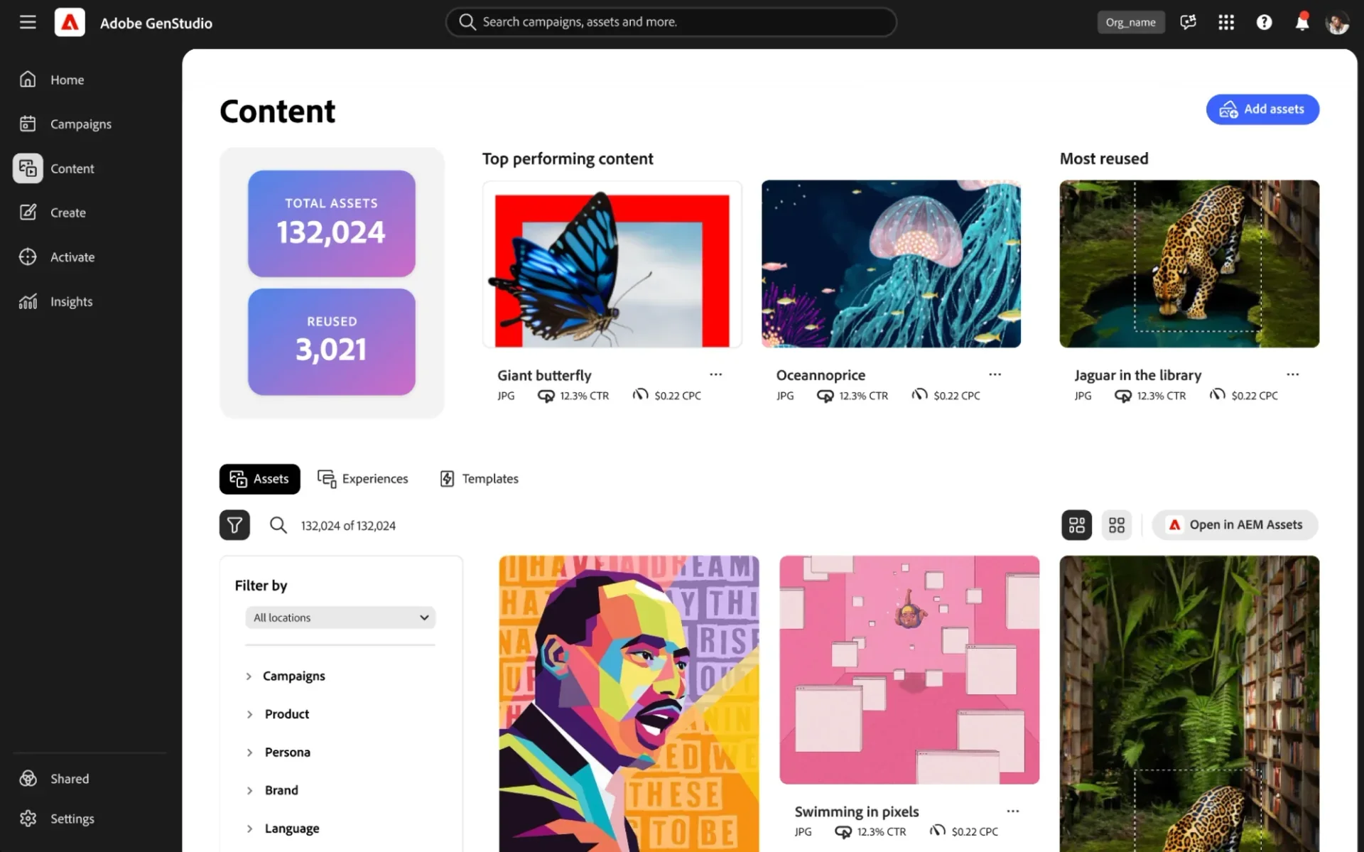 Adobe GenStudio content dashboard with performance metrics