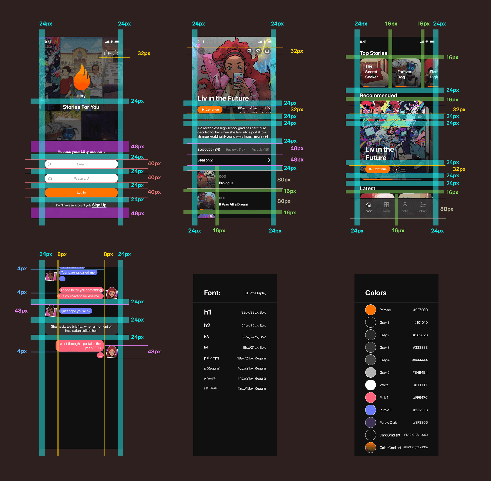 Litty design system type scale, color tokens, and spacing redlines