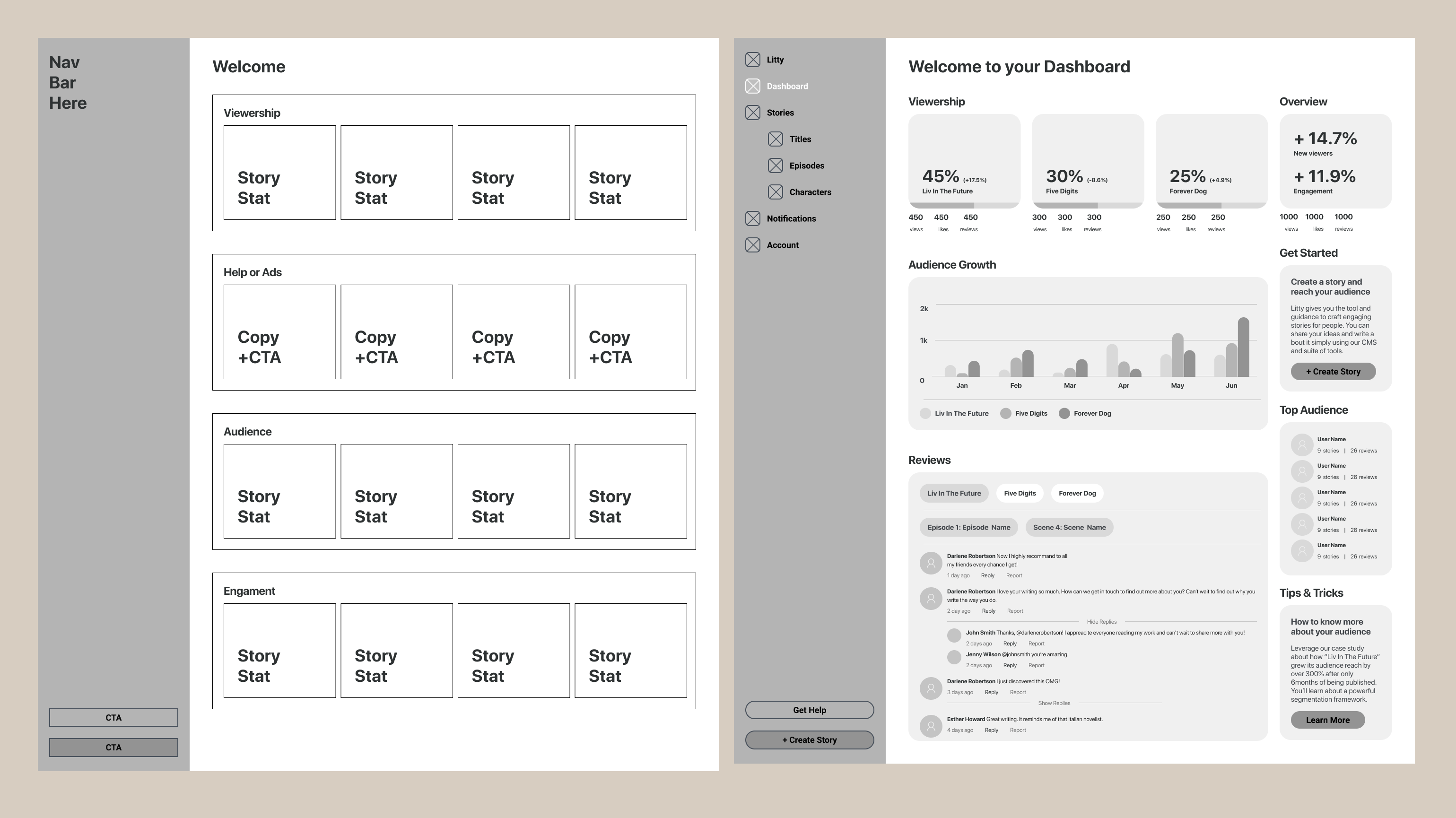 Author dashboard wireframes: viewership, audience growth, reviews