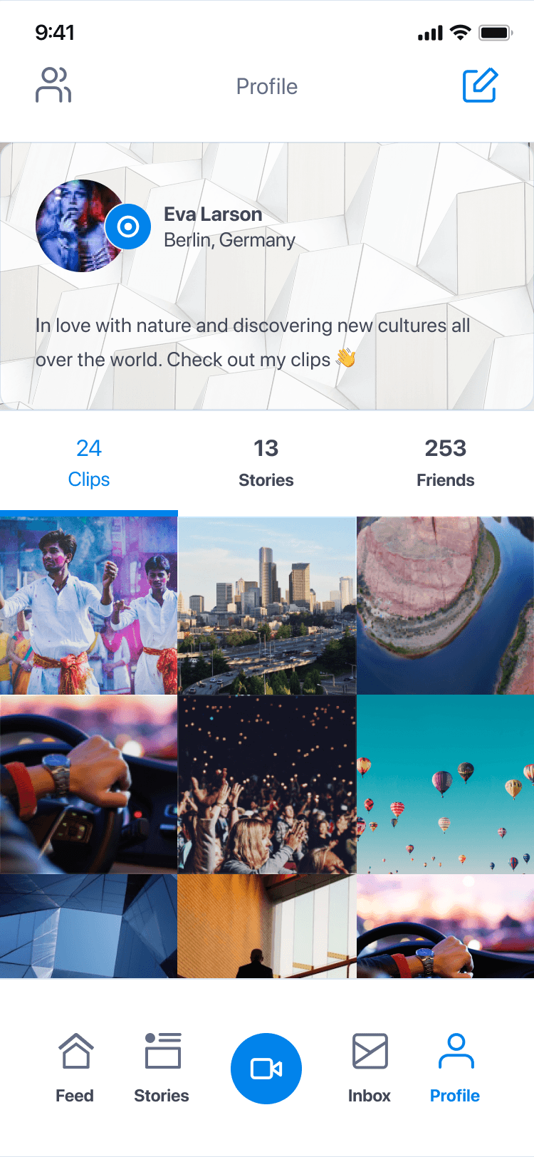 Memoory final UI: user profile with clips grid