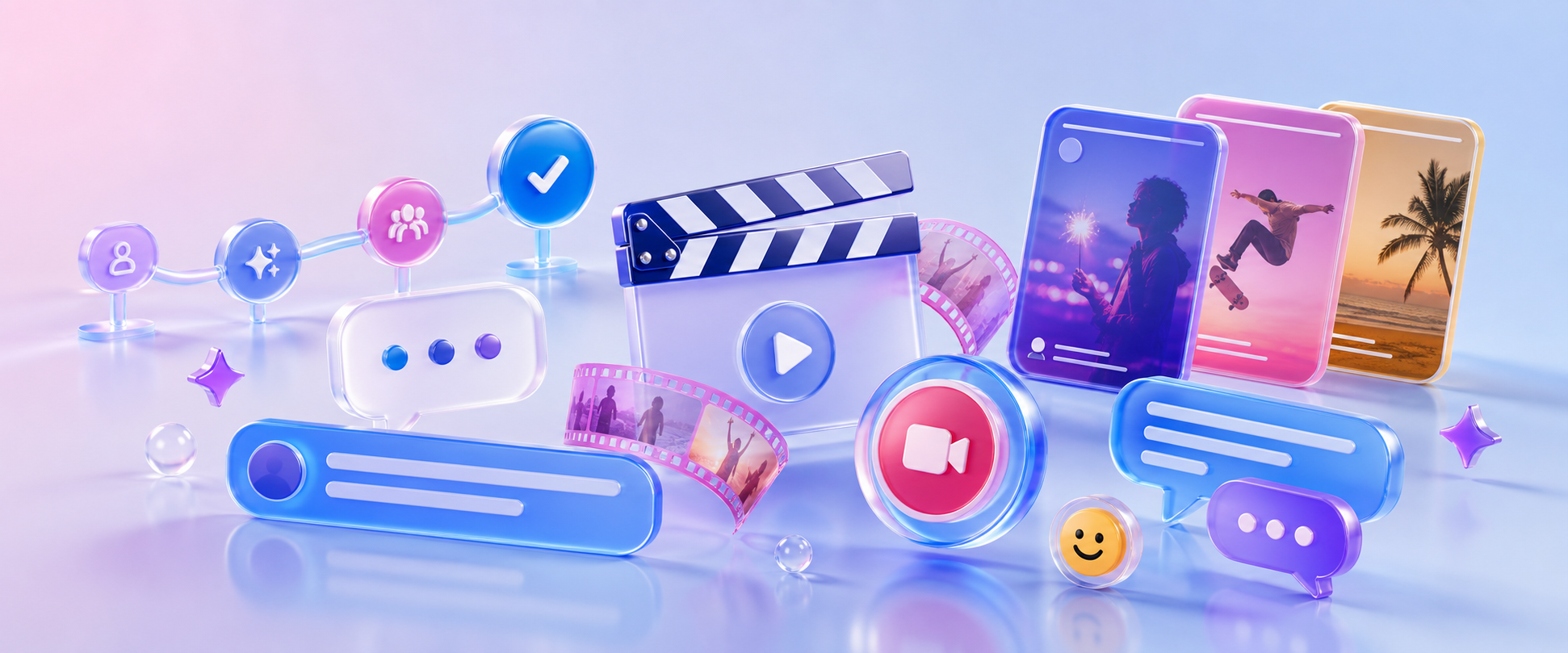 Glossy 3D Memoory design-principles visual with chat bubbles, film strips, video cards, and recording controls
