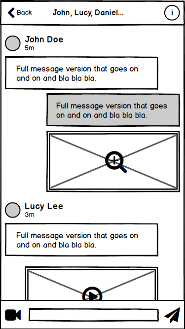 Memoory wireframe: group message thread