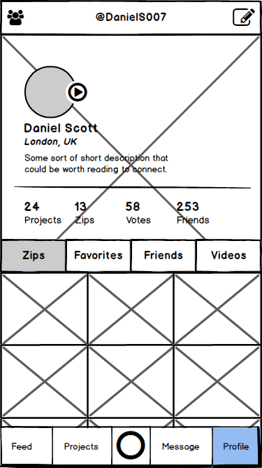 Memoory wireframe: user profile screen