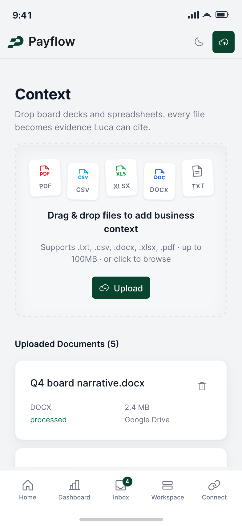 Context document library on mobile with an upload dropzone and document table