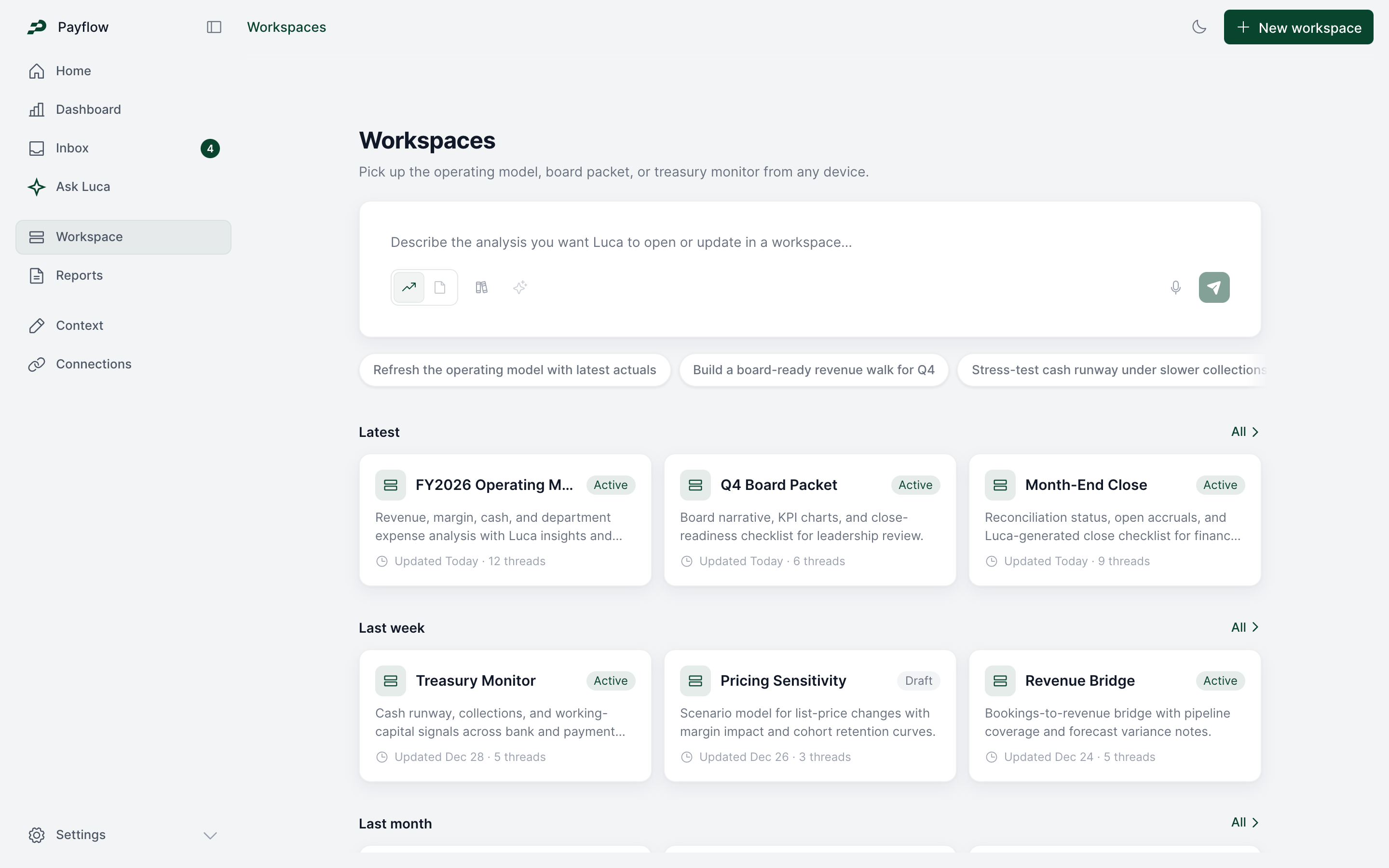 Payflow AI workspace, desktop