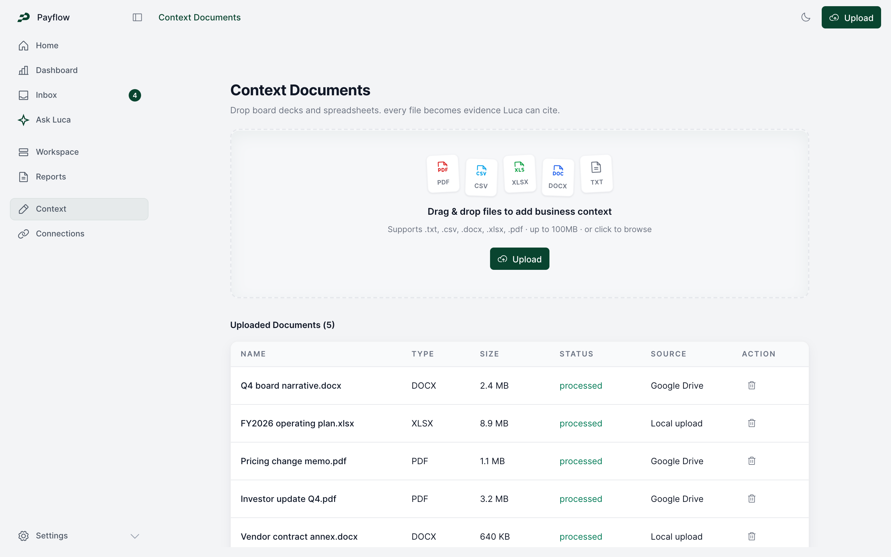 Context document library with an upload dropzone and source table